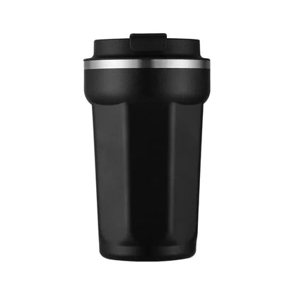 Black insulated travel mug with a silver rim on a white background