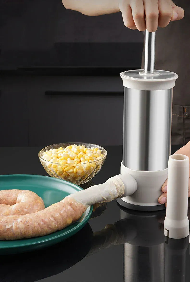 Sausage stuffer with sausages and corn kernels on a dark surface