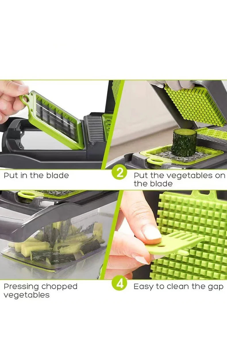 Instructions on using a vegetable chopper with text overlay