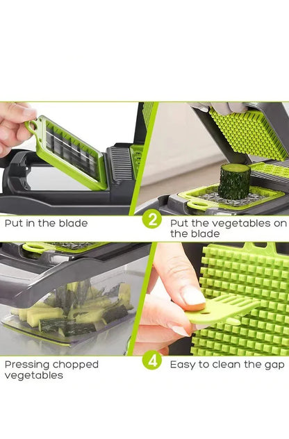 Instructions on using a vegetable chopper with text overlay