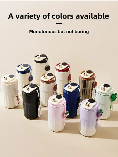 Collection of colorful coffee cups on a beige background with text about color variety.