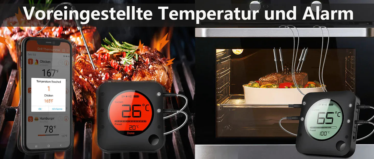 Digital thermometers displaying temperatures with a background of cooking food.