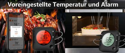 Digital thermometers displaying temperatures with a background of cooking food.