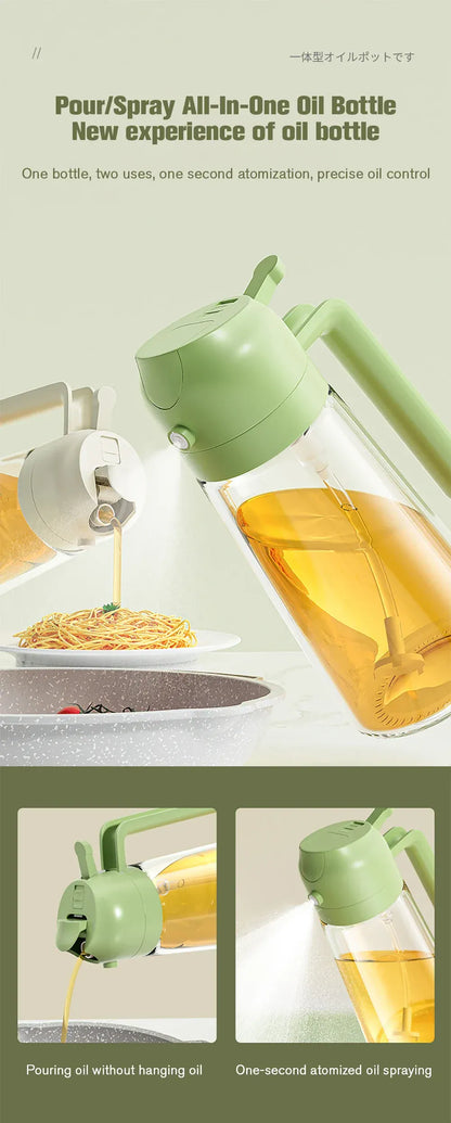 Green oil bottle with pouring action shown, used for cooking.