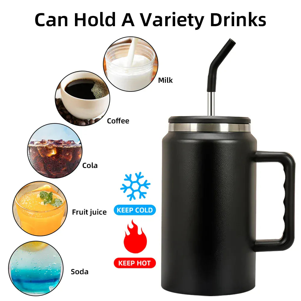Black insulated mug with handle and straw lid, shown with images of various drinks it can hold.