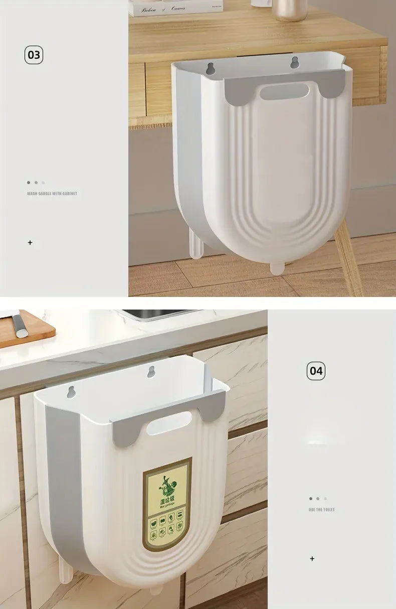 Space-Saving Wall-Mounted Folding Trash Can – Collapsible Kitchen Bin for Cabinet Doors.