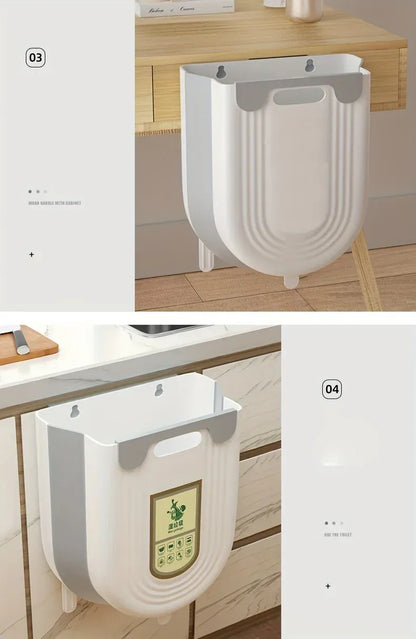 Space-Saving Wall-Mounted Folding Trash Can – Collapsible Kitchen Bin for Cabinet Doors.