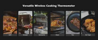 Versatile wireless cooking thermometer with images of use on grill, smoker, rotisserie, oven, pan, and air fryer.