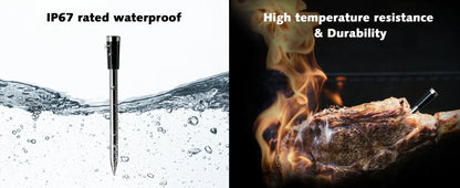 Two images showing a needle with water splashes indicating IP67 rating and a needle near flames demonstrating high temperature resistance and durability.