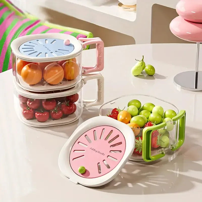 Mess-Free 2-in-1 Double Layer Drain Basket – Anti-Spill Fruit & Vegetable Strainer with Foldable Handle.