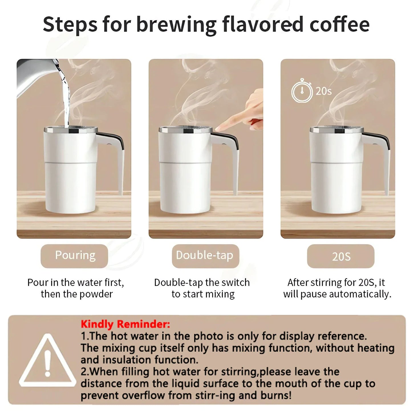 Steps for brewing flavored coffee with a mixing cup on a wooden surface.
