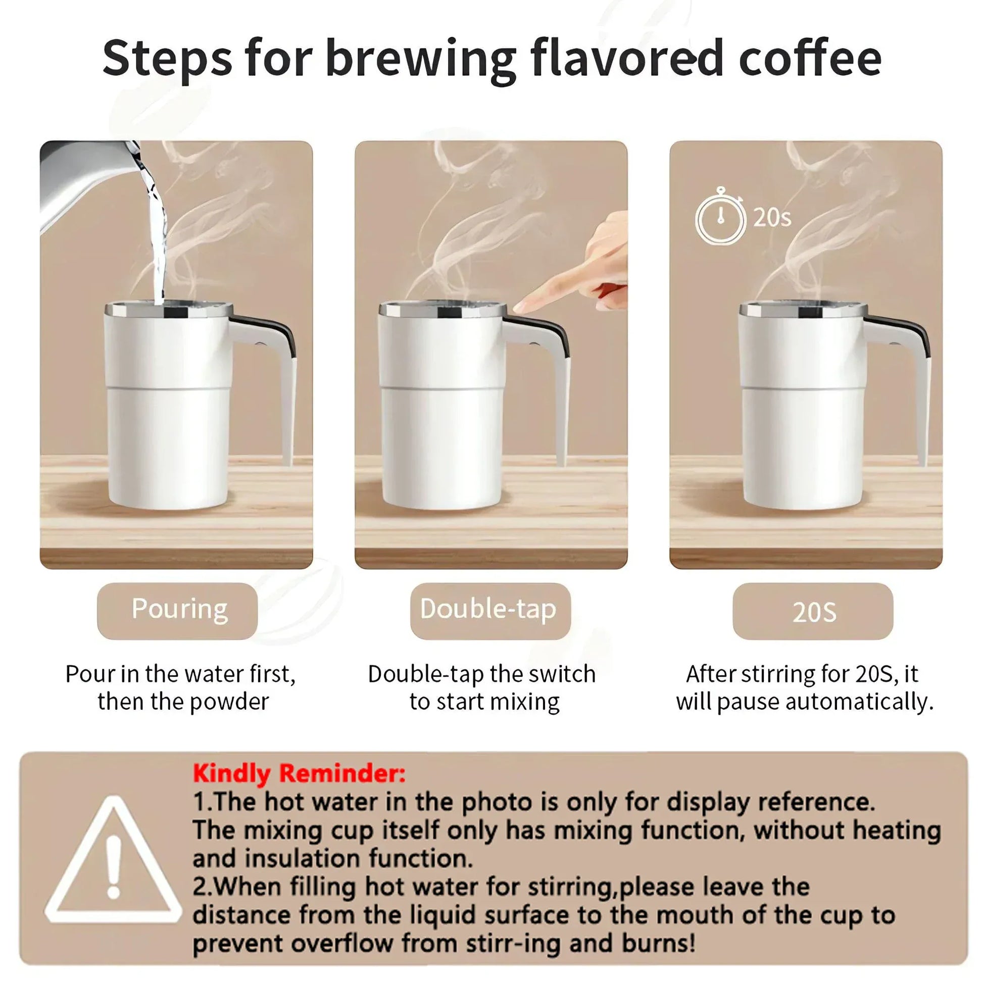 Steps for brewing flavored coffee with a mixing cup on a wooden surface.