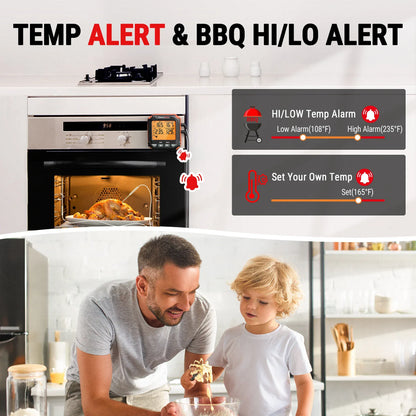 Kitchen scene with oven, digital display, and family interaction, emphasizing temperature alerts.