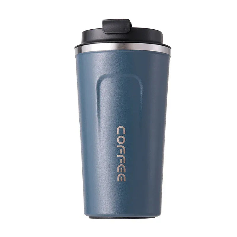 Blue insulated coffee tumbler with 'COFFEE' text on a white background