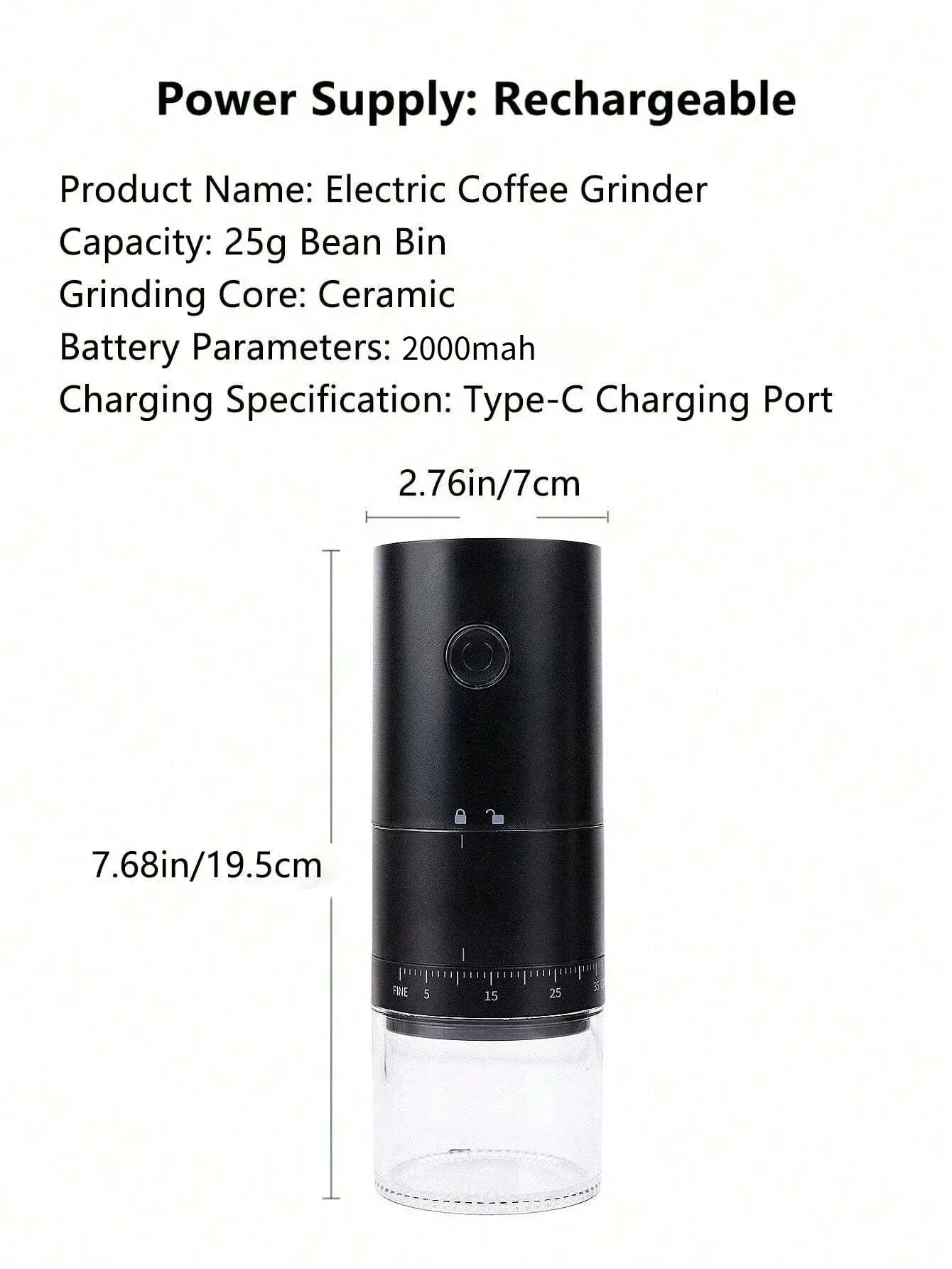 Electric coffee grinder with specifications and dimensions on a white background