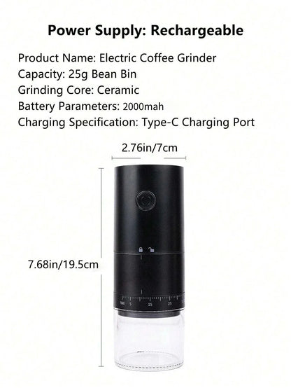 Electric coffee grinder with specifications and dimensions on a white background