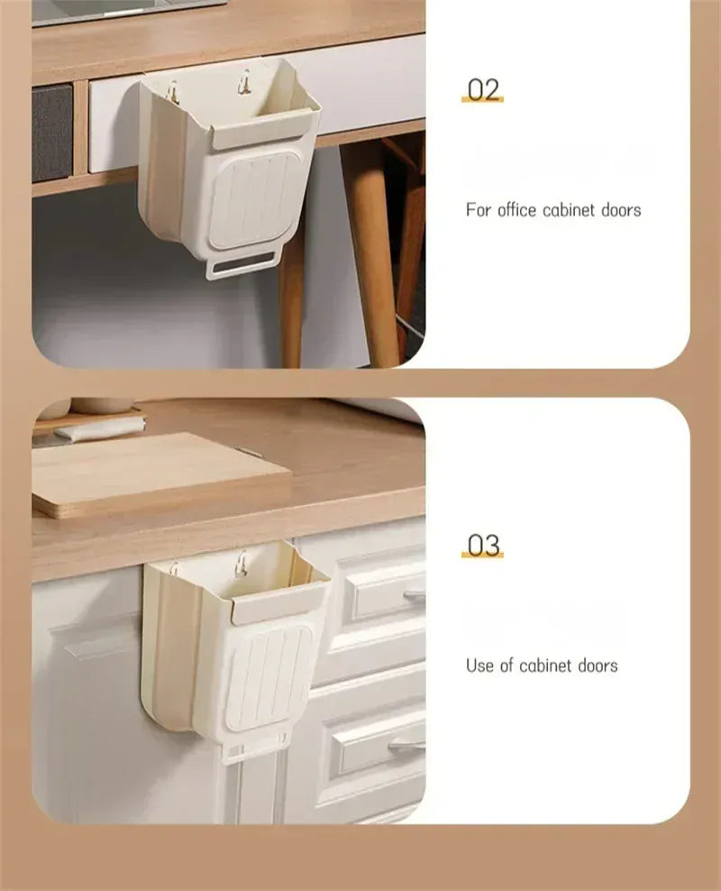 No-Bend Hanging Kitchen Trash Can – Foldable 9L Waste Bin for Cabinet Doors.