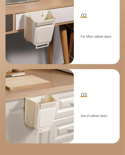 No-Bend Hanging Kitchen Trash Can – Foldable 9L Waste Bin for Cabinet Doors.