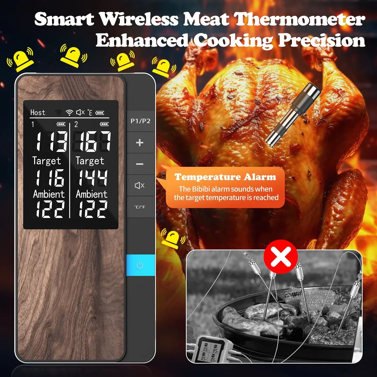 Smart wireless meat thermometer with a roasted turkey and temperature alarm feature.
