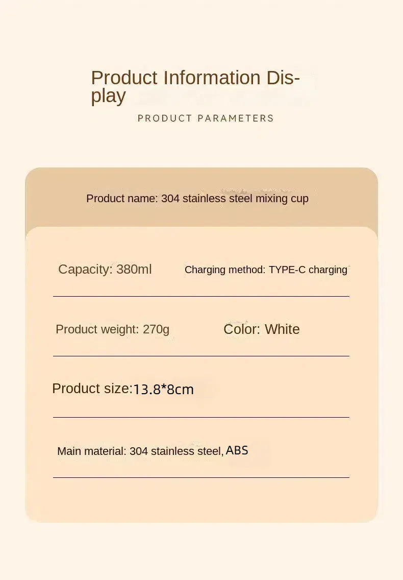 Product information display for a 304 stainless steel mixing cup on a beige background