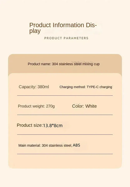 Product information display for a 304 stainless steel mixing cup on a beige background