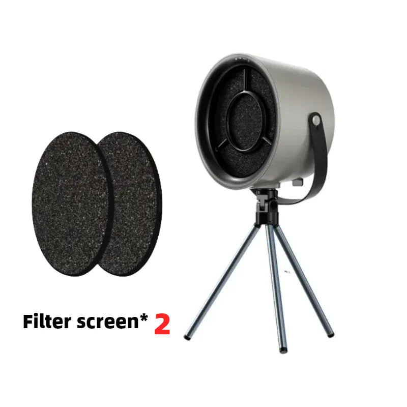 Speaker with a stand and two filter screens on a white background