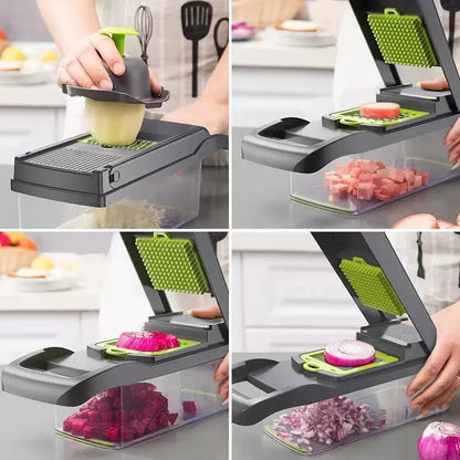 Multifunctional kitchen slicer with various vegetables being sliced.