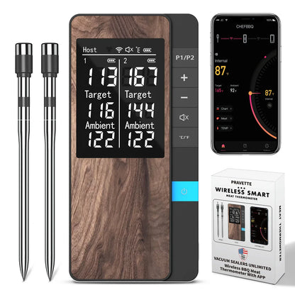 Digital thermometer with wooden finish, two metal probes, smartphone app, and packaging on a white background