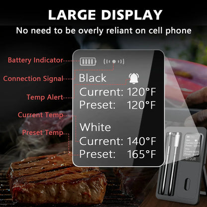 Smart kitchen appliance displaying temperature settings with a grill in the background