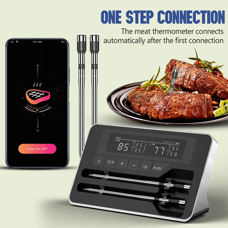 Smart meat thermometer with app connection displayed on a phone, next to cooked meat and skewers.