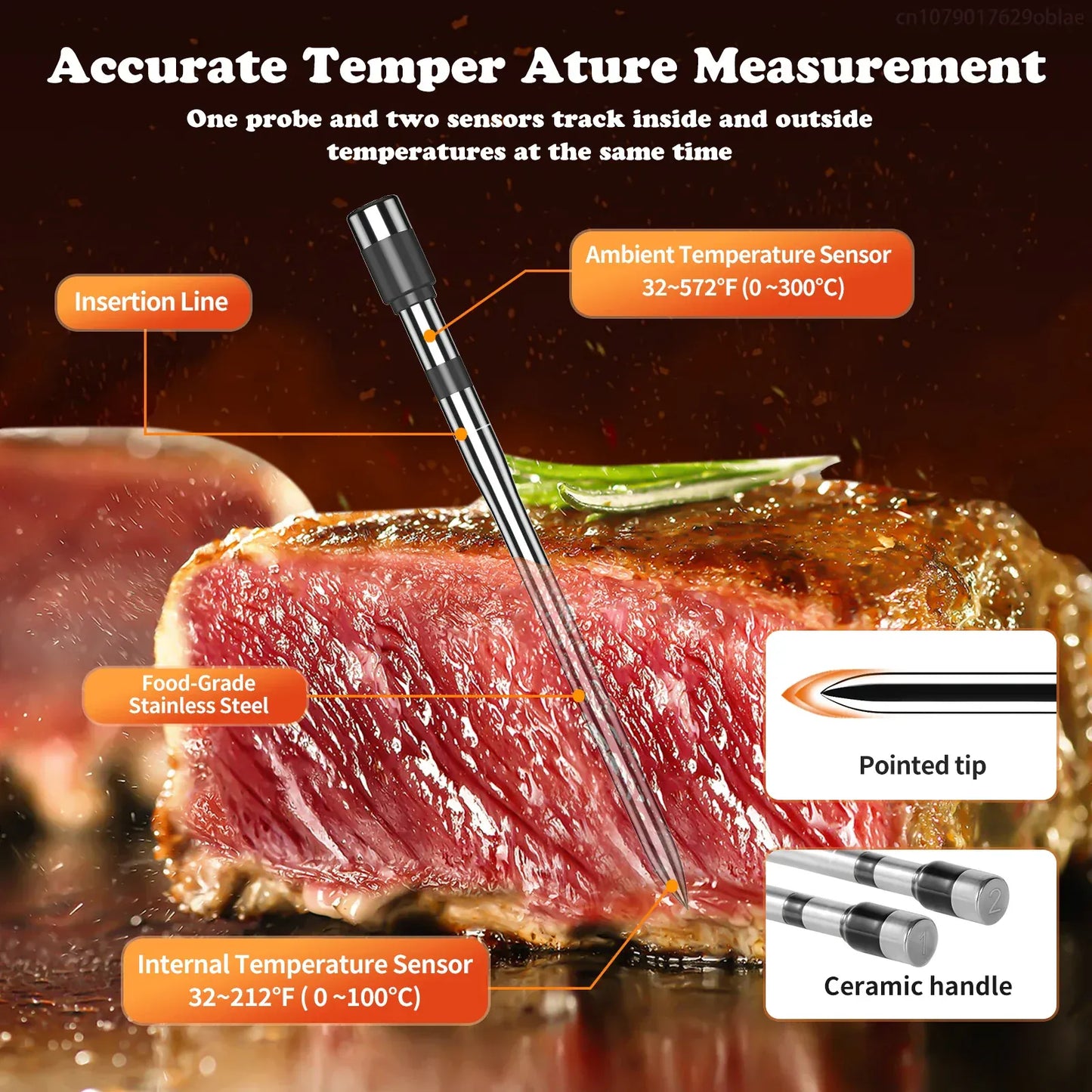 Temperature probe for meat with labeled features on a blurred background