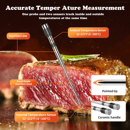 Temperature probe for meat with labeled features on a blurred background
