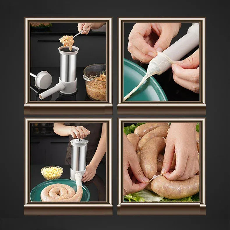 Four-step process of using a sausage stuffer with close-up shots of hands and ingredients.