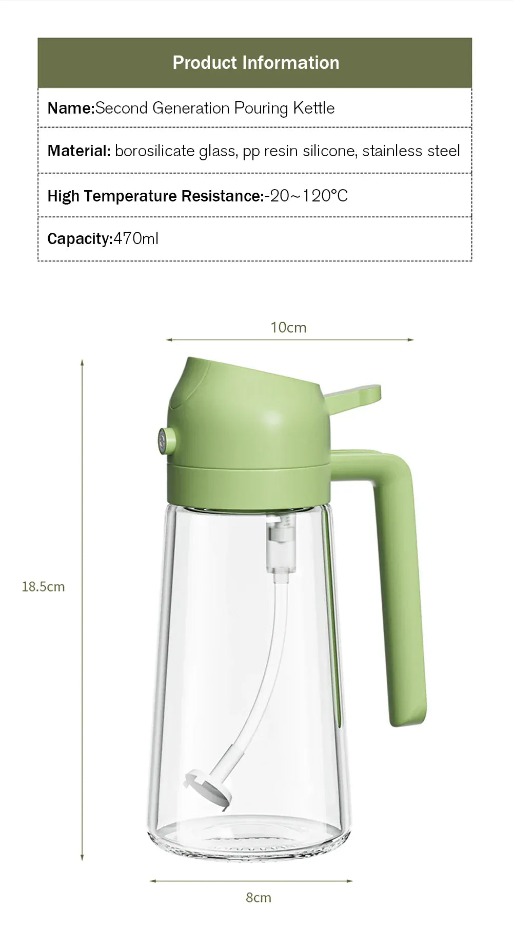 Green pouring kettle with product information on a white background