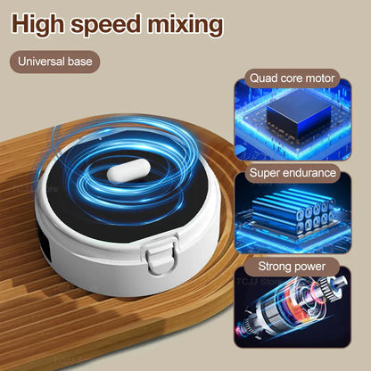 High-speed mixing device with quad core motor and strong power features on a wooden surface.