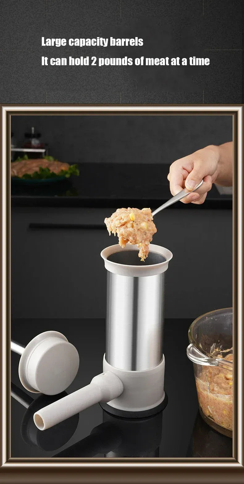 Manual meat grinder with a person using it to grind meat, set against a dark background.