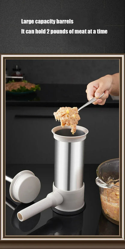 Manual meat grinder with a person using it to grind meat, set against a dark background.