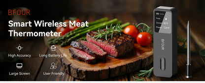 Smart wireless meat thermometer with sliced steak and vegetables on a wooden board
