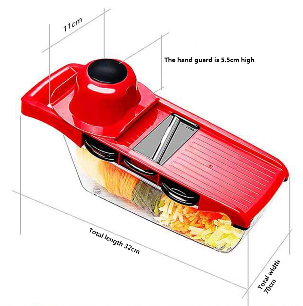 Red mandoline slicer with measurements on a white background