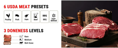 USDA meat presets and doneness levels with raw steaks on a wooden cutting board.