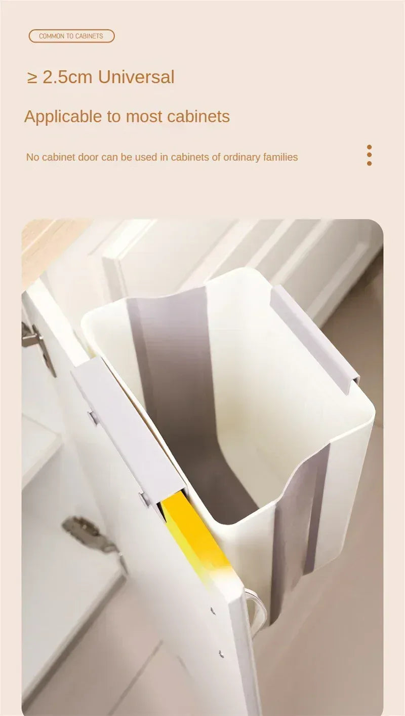No-Bend Hanging Kitchen Trash Can – Foldable 9L Waste Bin for Cabinet Doors.