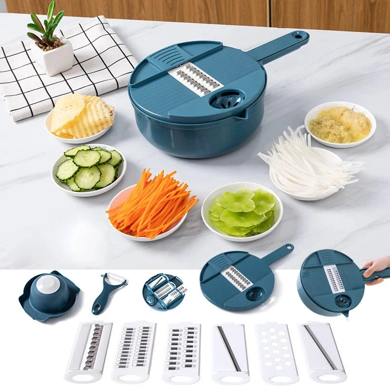 Vegetable chopper with various attachments on a table with sliced vegetables.