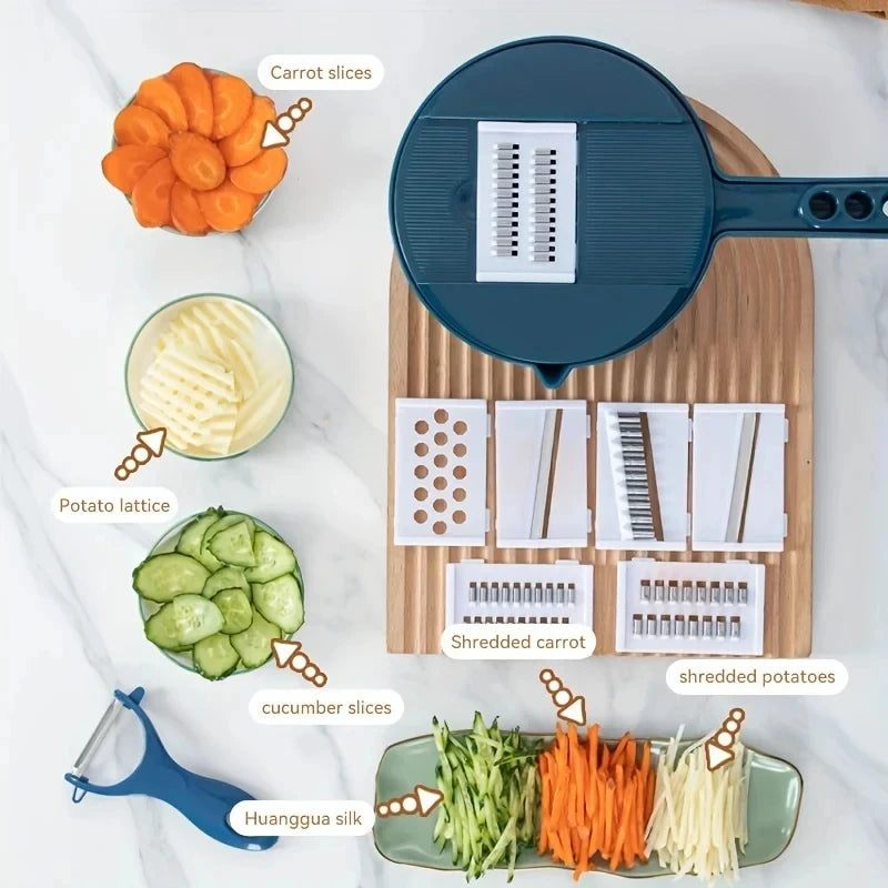 Vegetable slicer with various attachments and sliced vegetables on a white background