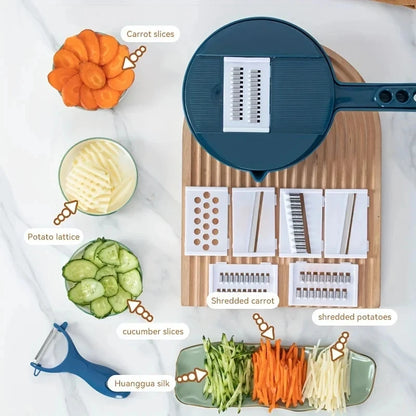 Vegetable slicer with various attachments and sliced vegetables on a white background