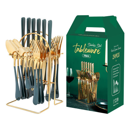 Gold Stainless Steel Cutlery Set – Luxury Knife, Fork & Spoon Tableware with Storage Rack | Dishwasher Safe