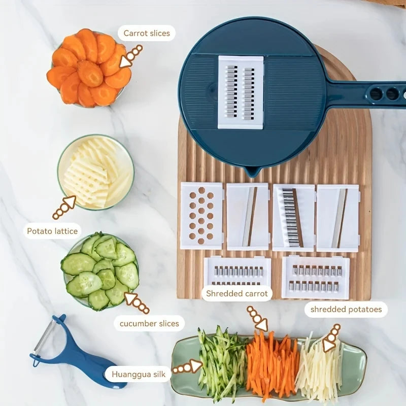 Vegetable slicer with various attachments and sliced vegetables on a white background